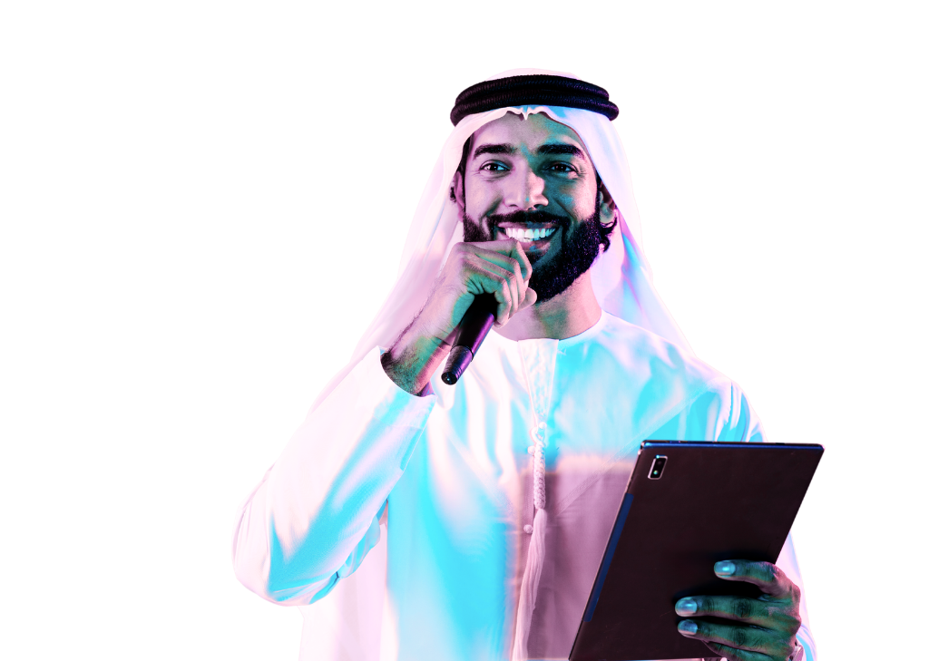 Conference speaker holding a microphone and tablet